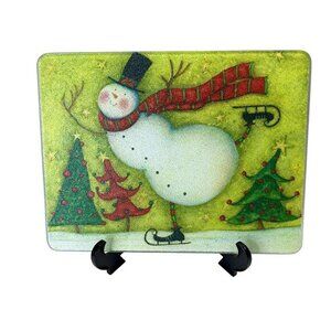 Festive Glass Cutting Board With Ice Skating Snowman Red Scarf Christmas Trees